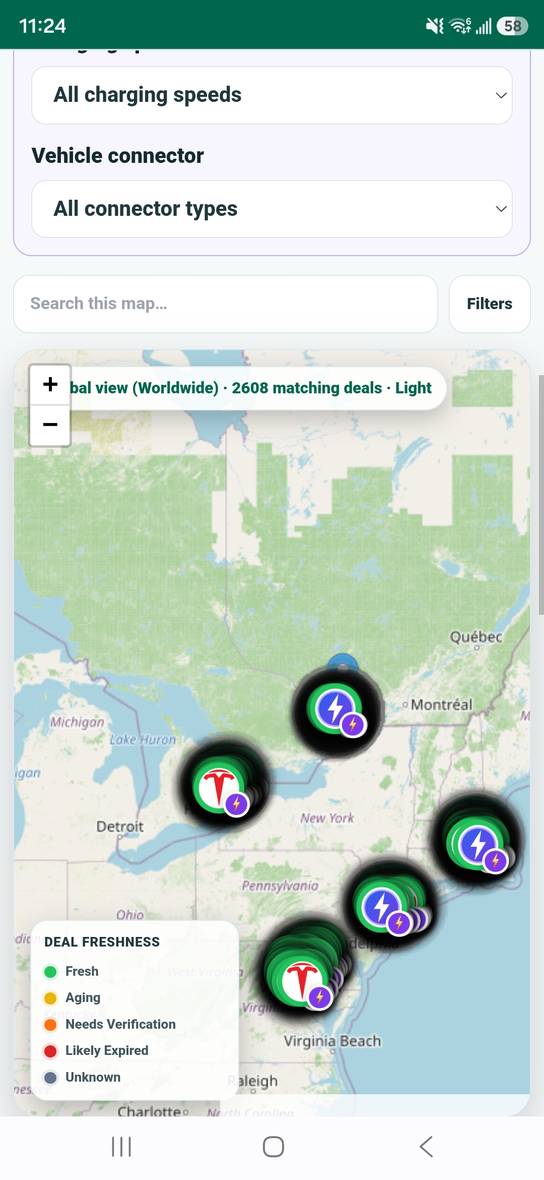 Kart-AI Deal Map showing EV charging stations across Canada and the United States