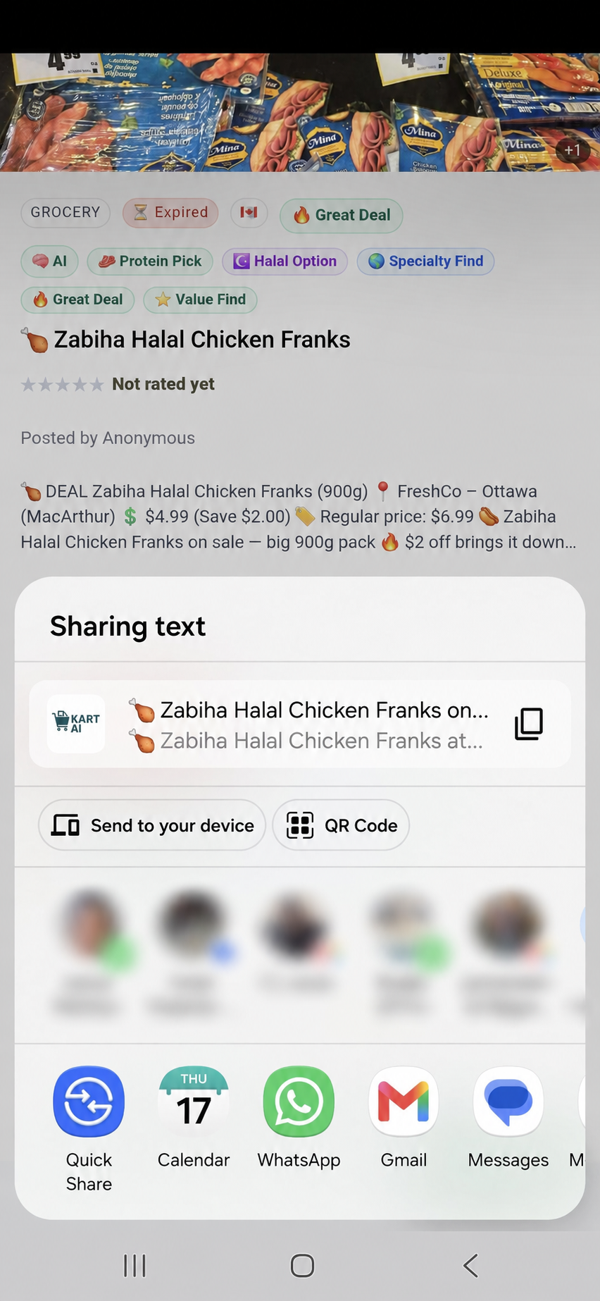Sharing a Kart-AI deal with personal contacts anonymized
