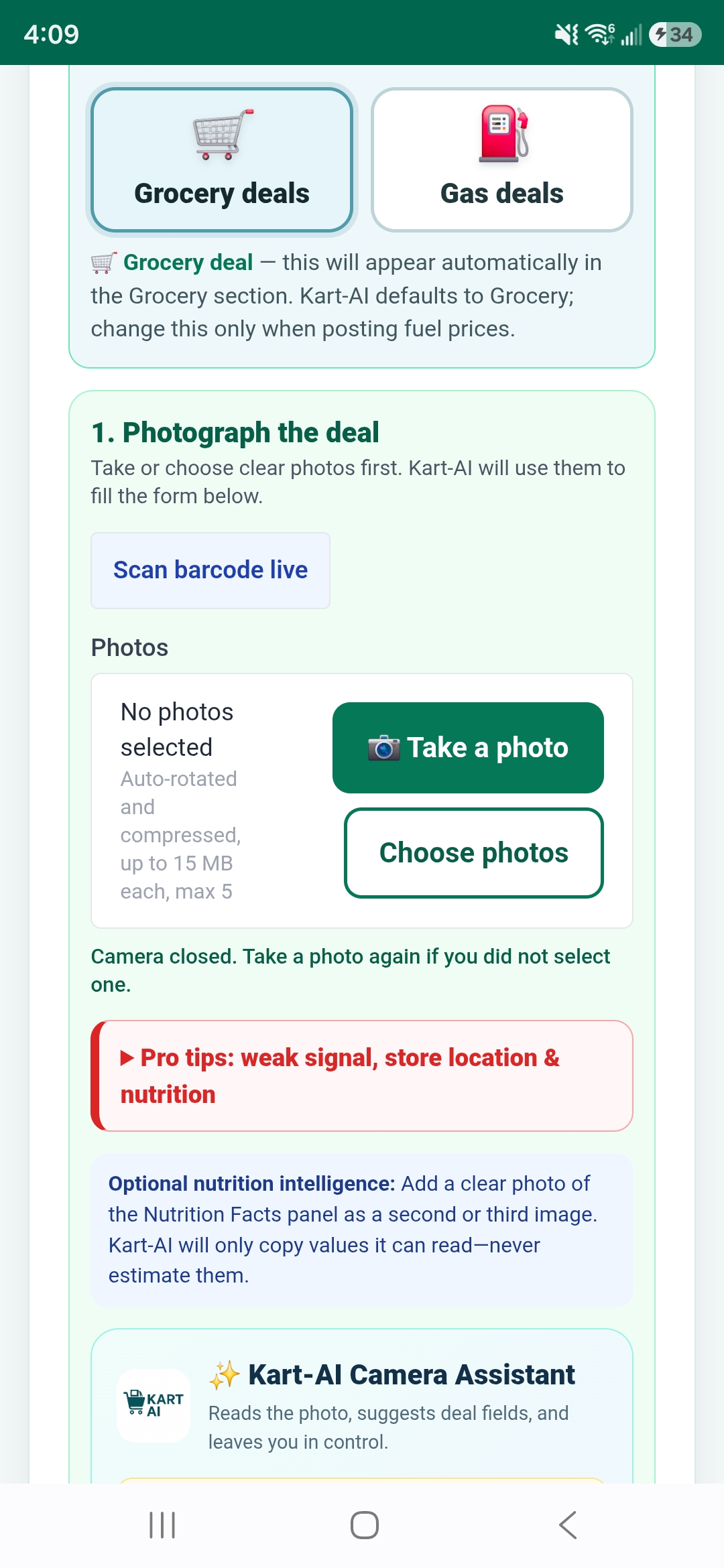 Kart-AI's photo and barcode tools for capturing deal details